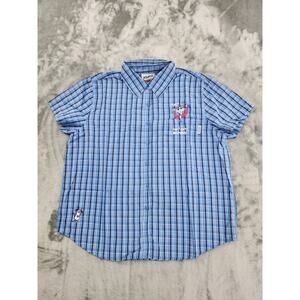 Vintage 90s Jerry Leigh Maxine DONT WORRY BE CRABBY Plaid Shirt Size L Blue